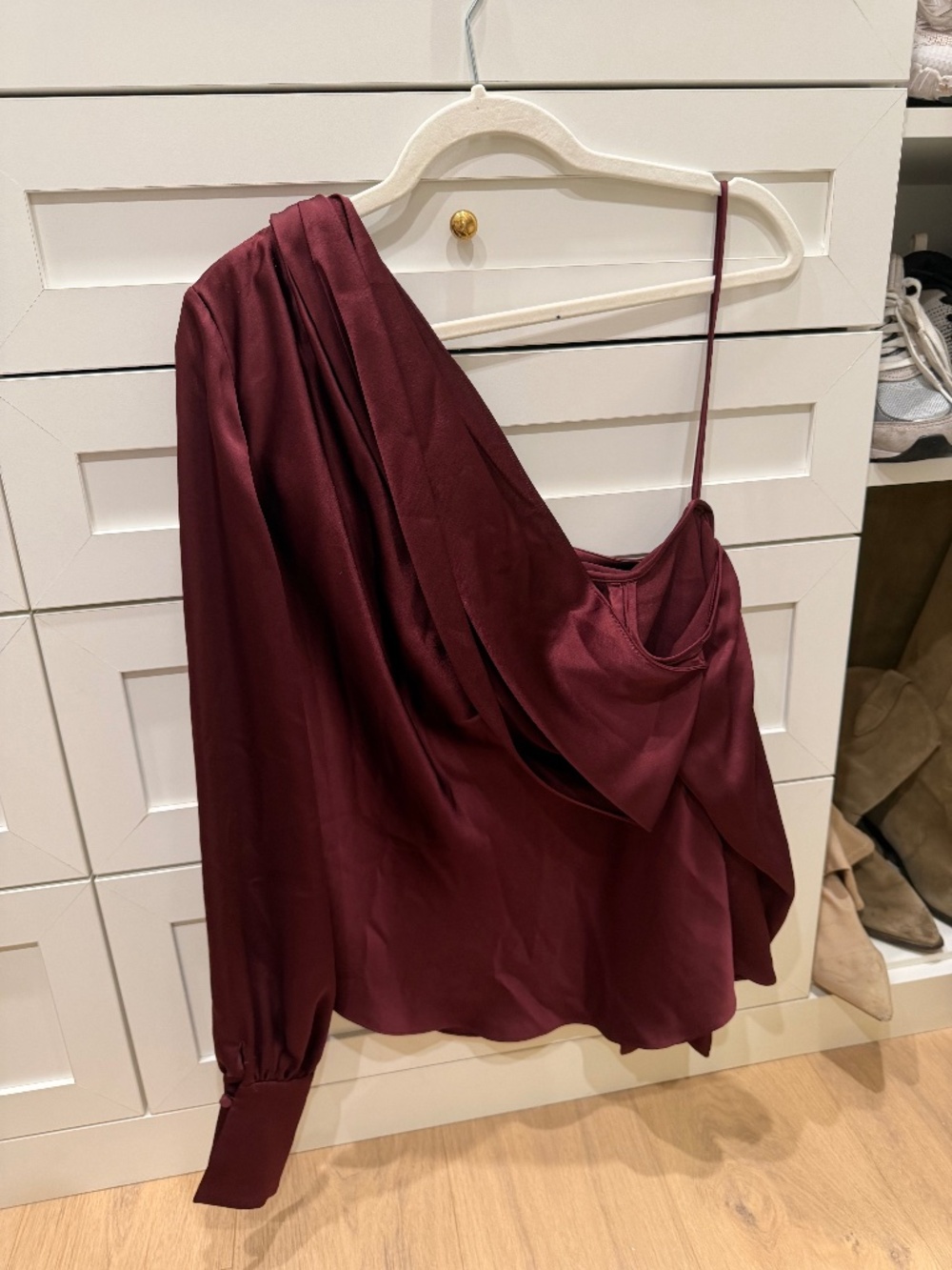 Jonathan Simkhai Burgundy One Shoulder Draped Satin Blouse Top Size M